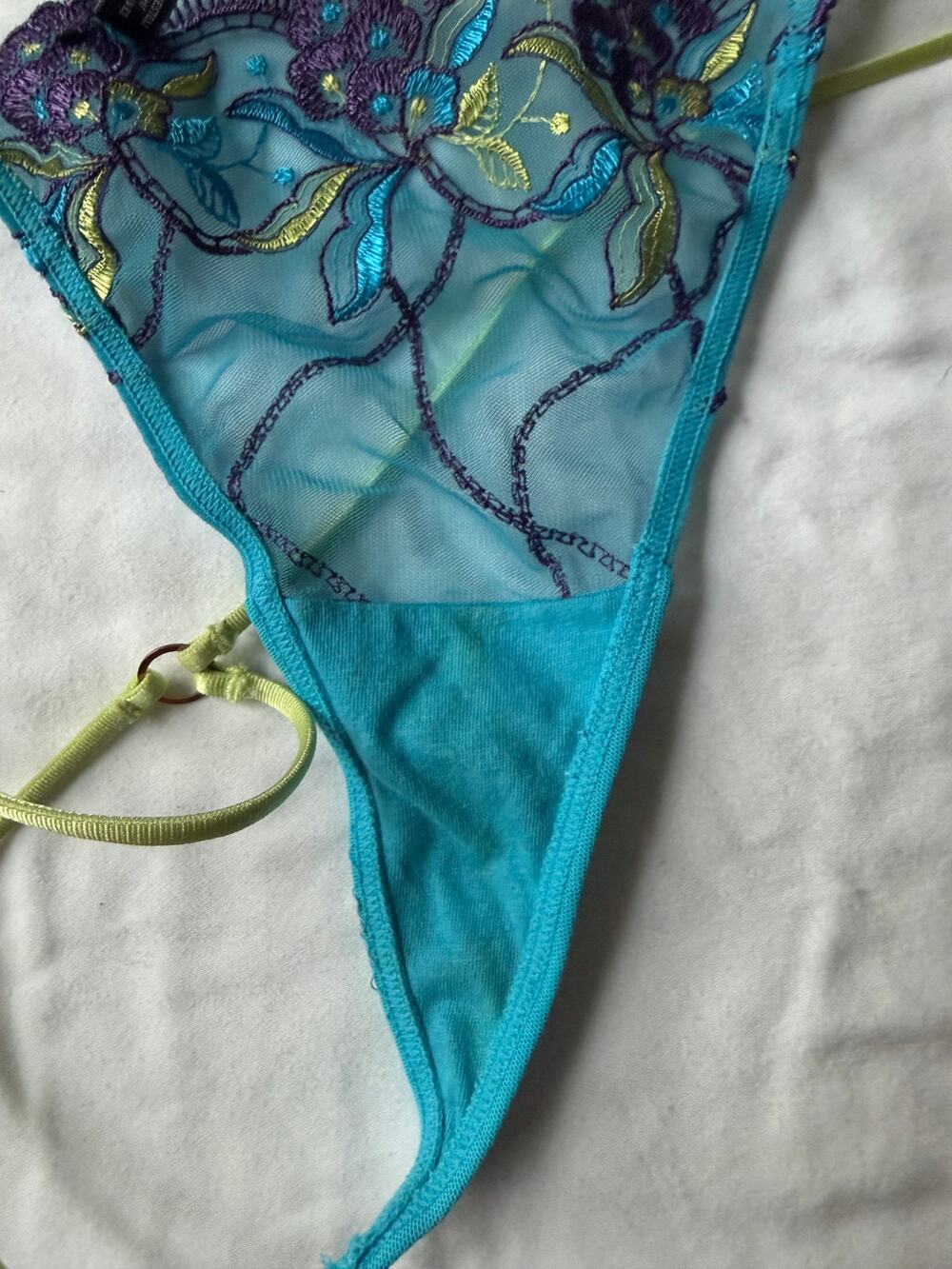 NWOT Daisy Fuentes Turquoise Embroidered Mesh Thong Panty – Size L